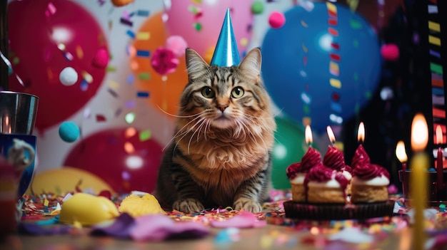 chat tabby portant un chapeau d'anniversaire coloré perché sur une table de fête vibrante cupcakes streamers et décorations ludiques capturant le félin39s expression curieuse festive