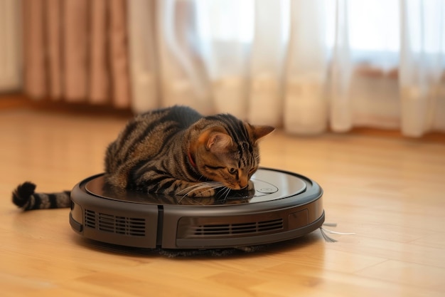 Un chat tabby se détend sur un aspirateur robotique