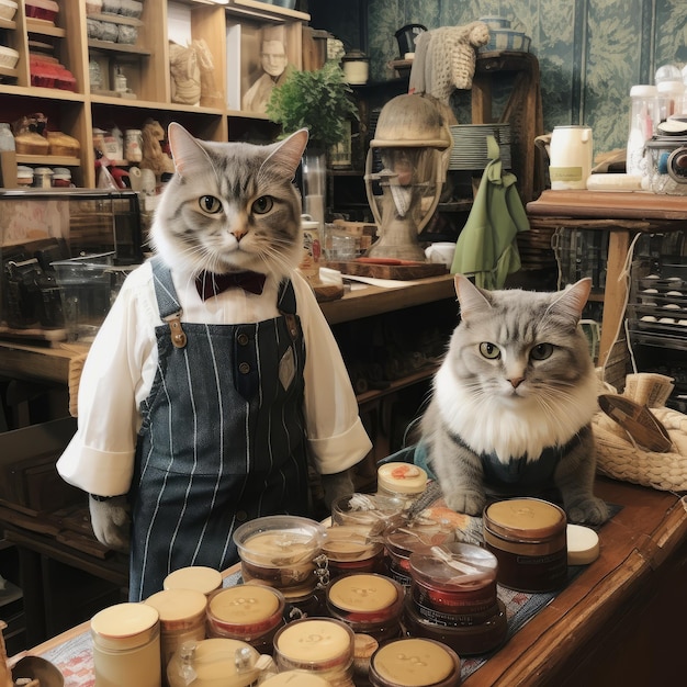 Chat en tablier et casquette assis au comptoir d'un café