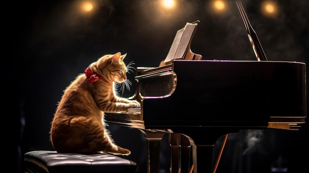 Un chat talentueux jouant du piano sur une scène éclairée par de grandes lumières