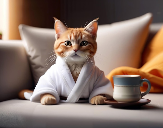 chat avec une tasse de café