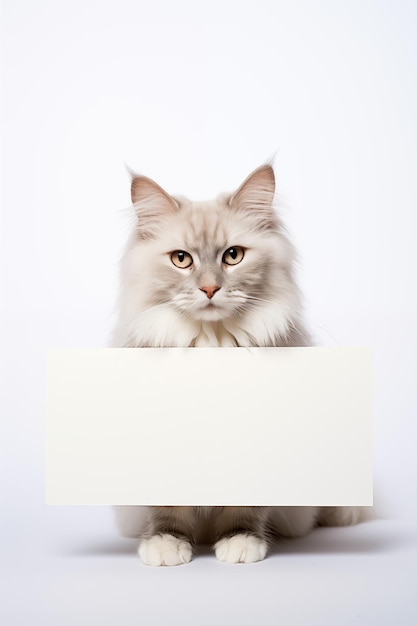 Photo un chat tenant un panneau blanc sur un fond blanc un service de zoo pour animaux de compagnie une clinique vétérinaire