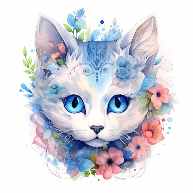 un chat avec une tête bleue et des fleurs dessus