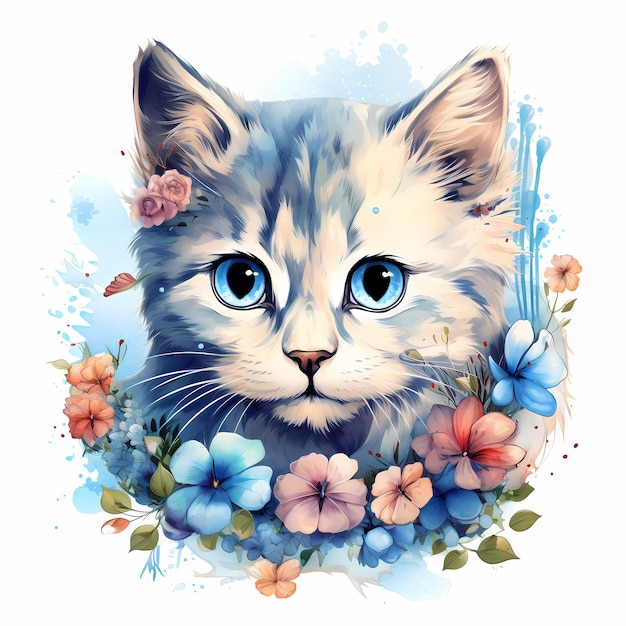 un chat avec une tête bleue et des fleurs dessus