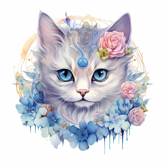 un chat avec une tête bleue et des fleurs dessus