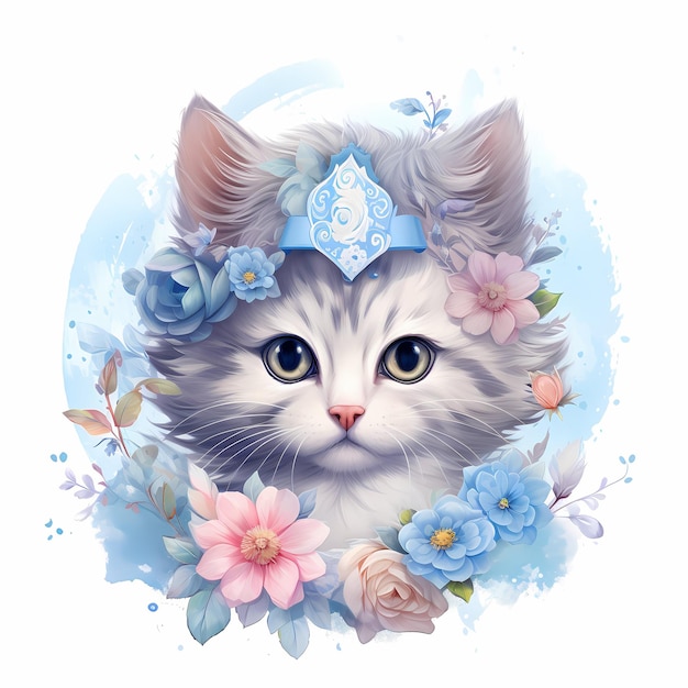 un chat avec une tête bleue et des fleurs dessus