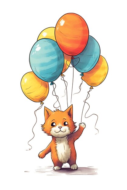 Un chat tient un groupe de ballons.