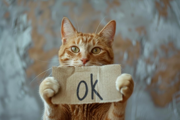 un chat tient un panneau avec l'inscription ok concept d'accord