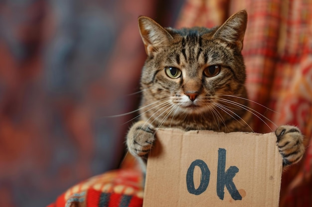 un chat tient un panneau avec l'inscription ok concept d'accord