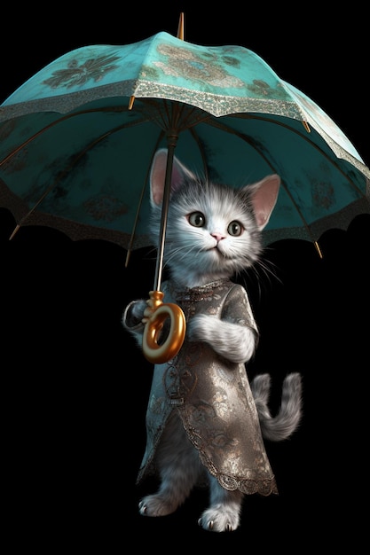 Un chat tient un parapluie avec un bagel dessus.