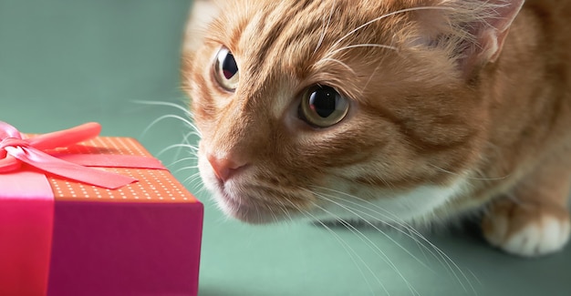Chat tigré au gingembre et boîte-cadeau. Le chat essaie de renifler la boîte-cadeau.