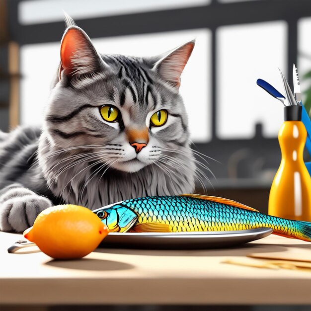 chat tigré gris coupe le poisson avec un couteau sur la table photographie en gros plan