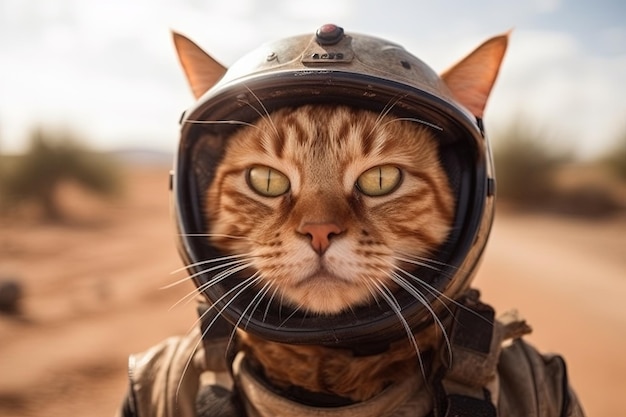 Chat tigré orange portant une veste en cuir et un casque de course moto sur une route poussiéreuse du désert vers l'aventure illustration générative ai