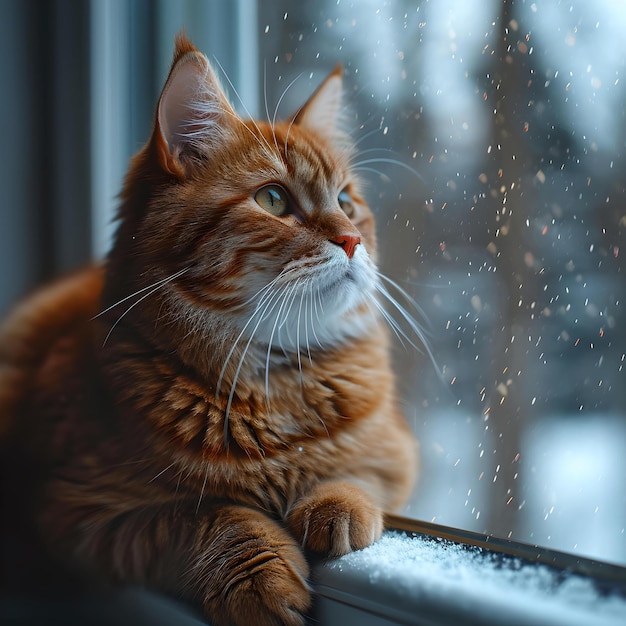 Chat tigré orange serein regardant par la fenêtre un jour de neige, un portrait parfait de curiosité et d'IA calme