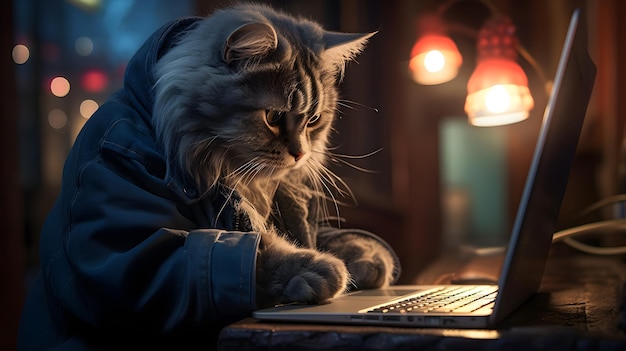Photo un chat travaille sur un ordinateur portable