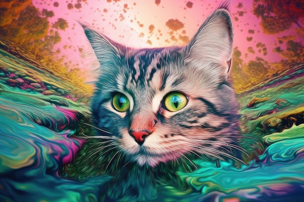 Chat Trippy avec ses yeux qui roulent à l'arrière de sa tête flottant au-dessus d'un paysage trippant