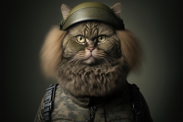 Un chat avec un uniforme militaire et un casque qui dit "le chat"