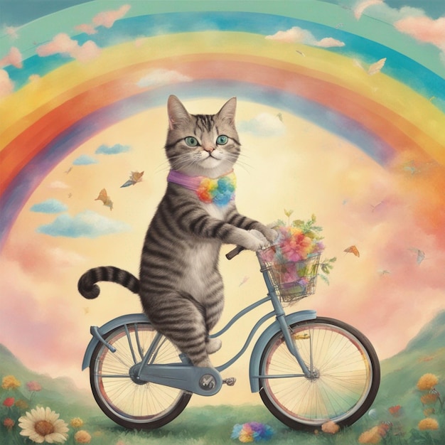 Chat sur un vélo arc-en-ciel fond image fantastique générateur ai