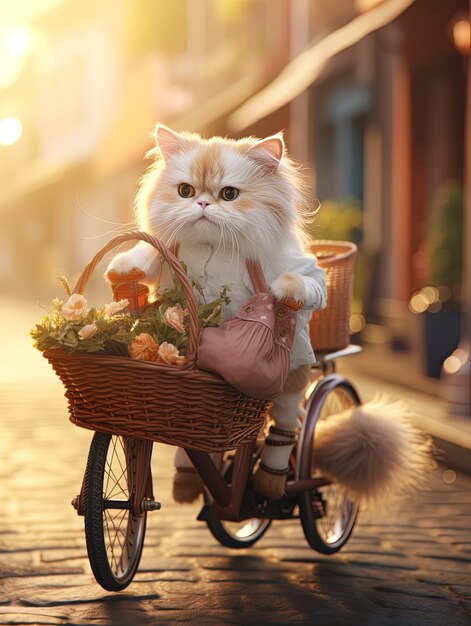 un chat sur un vélo avec des fleurs sur le dos