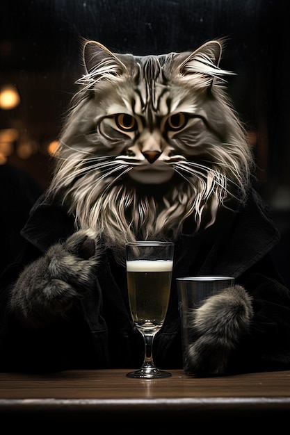 Un chat avec un verre de champagne devant un verre.