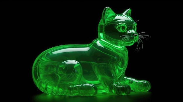 Un chat en verre vert est assis sur un fond noir.