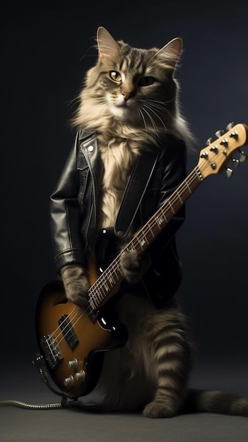 Un chat avec une veste en cuir joue de la guitare basse.