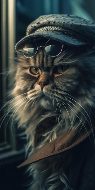 Un chat avec une veste marron et des lunettes de soleil