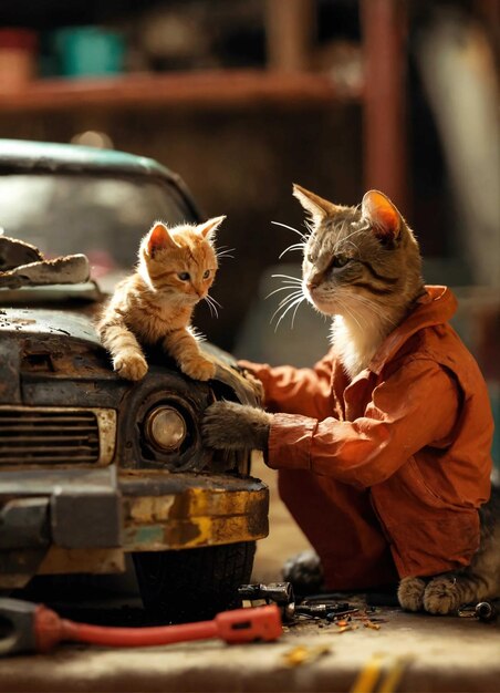 un chat avec une veste orange à l'avant d'une voiture