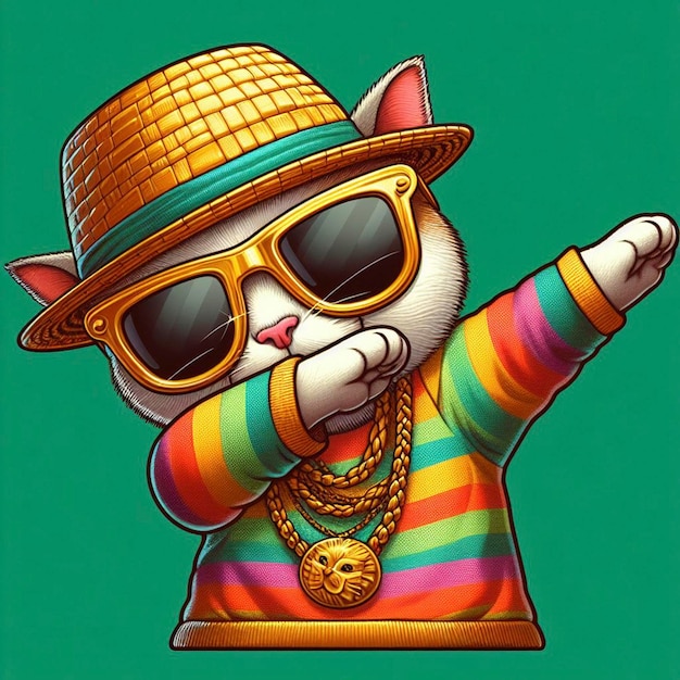 Un chat avec des vêtements colorés et des lunettes de soleil dansant sur le fond vert.