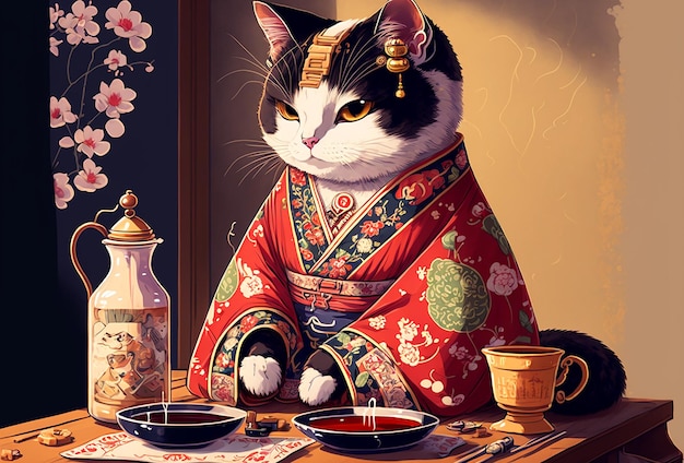 Un chat vêtu d'un kimono est assis à une table avec un bol de riz et une assiette de nourriture.