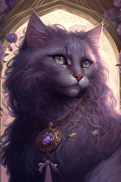 Un chat violet avec un collier violet et un collier violet.