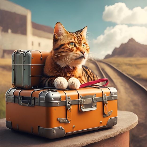 Un chat voyageant sur une valise