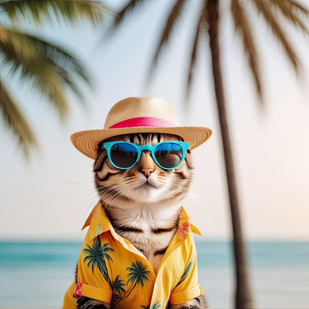 Un chat voyageur à la mode avec un chapeau et une chemise