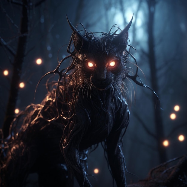 chat wendigo dans une forêt effrayante la nuit pleine lune dans le ciel brouillard et lumières de fée moteur irréel