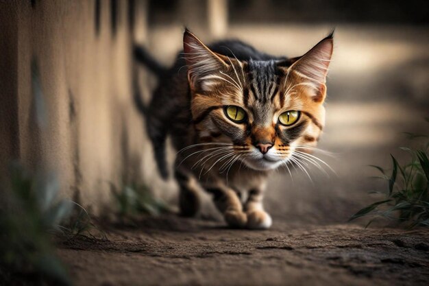 Photo un chat avec des yeux jaunes et un visage rayé noir et blanc