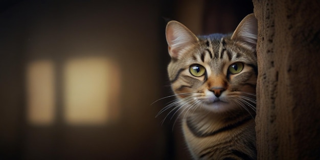 un chat avec des yeux verts et un fond noir