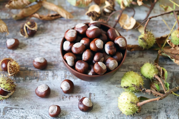 Châtaignes dans un bol sur une table en bois