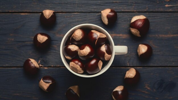 Photo des châtaignes dans une tasse et autour d'une table de bois sombre