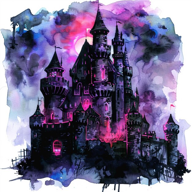 Photo château arrafé avec un ciel violet et une lune rose générative ai