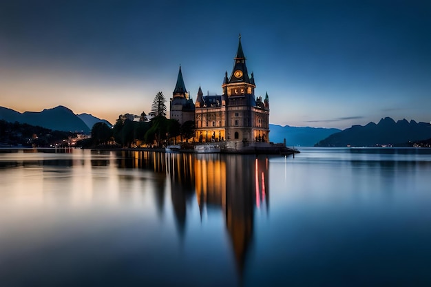 un château au bord du lac avec un coucher de soleil en arrière-plan.