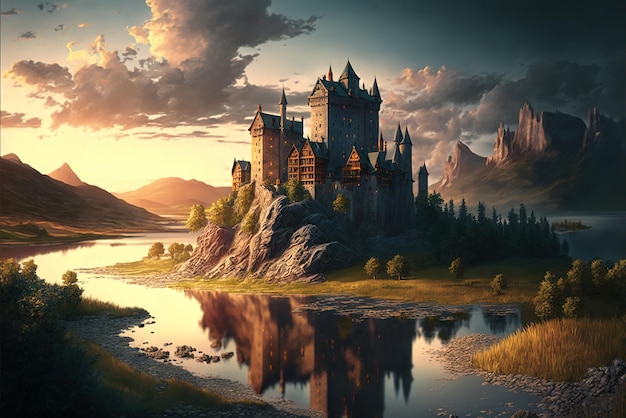 Château au bord de la rivière au coucher du soleil beau paysage en été AI générative