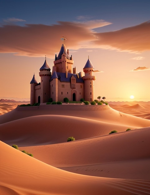 Château au milieu du désert au coucher du soleil des sables roulants