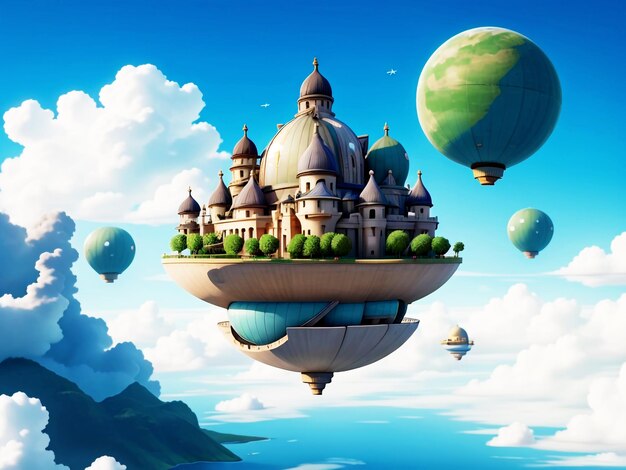 Photo un château sur un ballon à air chaud avec un ciel bleu et des nuages