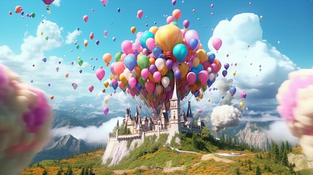 Un château avec des ballons dans le ciel