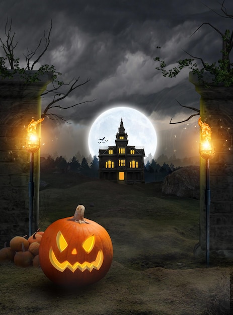 Château de citrouille de fond Halloween rendu 3D