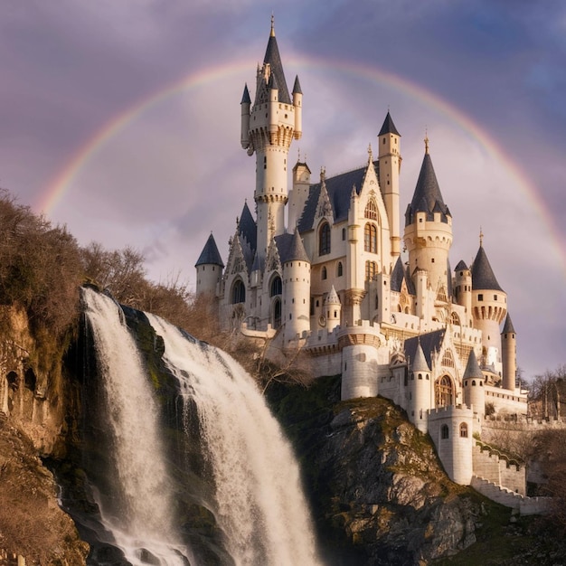 Photo un château sur une colline avec un arc-en-ciel dans le ciel