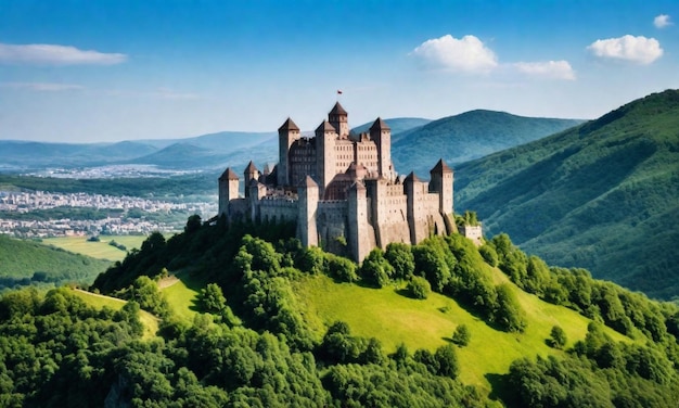 Photo un château sur une colline avec un champ vert et un ciel bleu