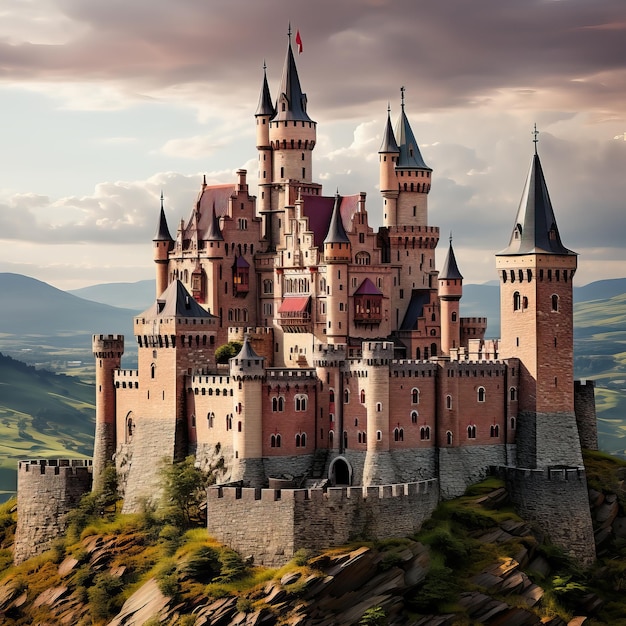 Photo un château sur une colline avec un ciel nuageux en arrière-plan