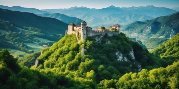 Un château sur une colline dans les montagnes