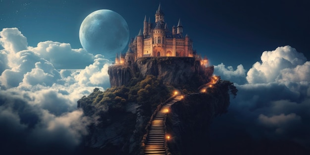 Un château sur une colline avec une lune en arrière-plan